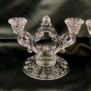 2 MCM CAMBRIDGE Rose Point KEYHOLE Double Candelabra Candle Sticks Etched Glass